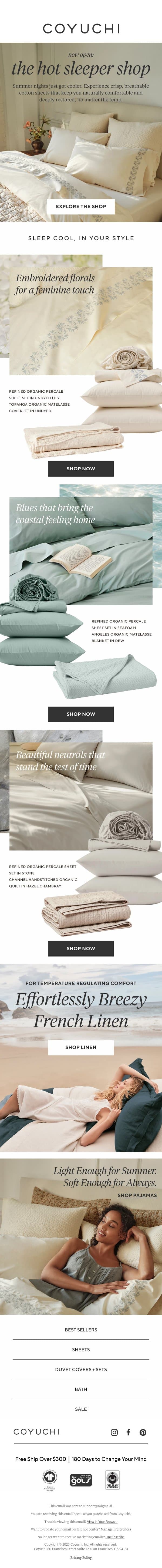 Sleep Cooler. Sleep Deeper. Sleep Better. email from Coyuchi screenshot