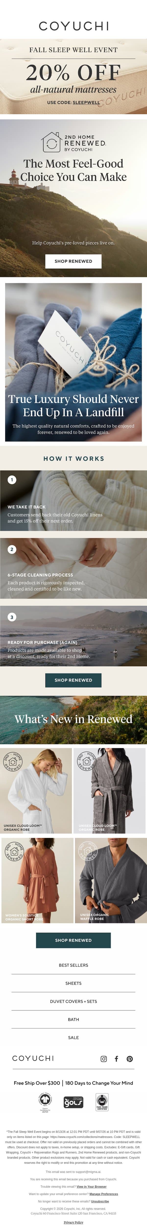 Natural Comforts With the Lightest Footprint Possible email from Coyuchi screenshot
