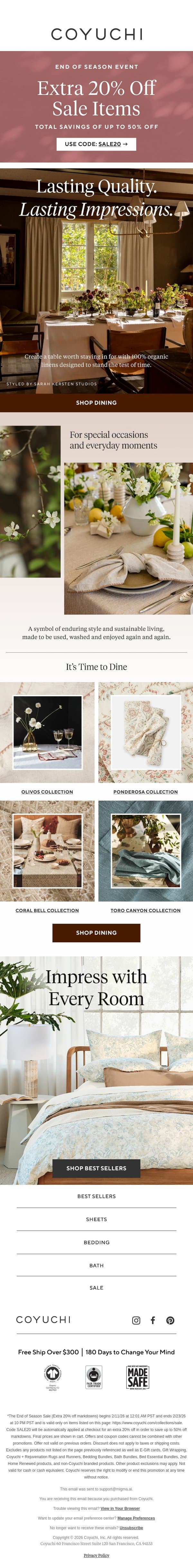 Set a Table to Impress + Extra 20% Off email from Coyuchi screenshot