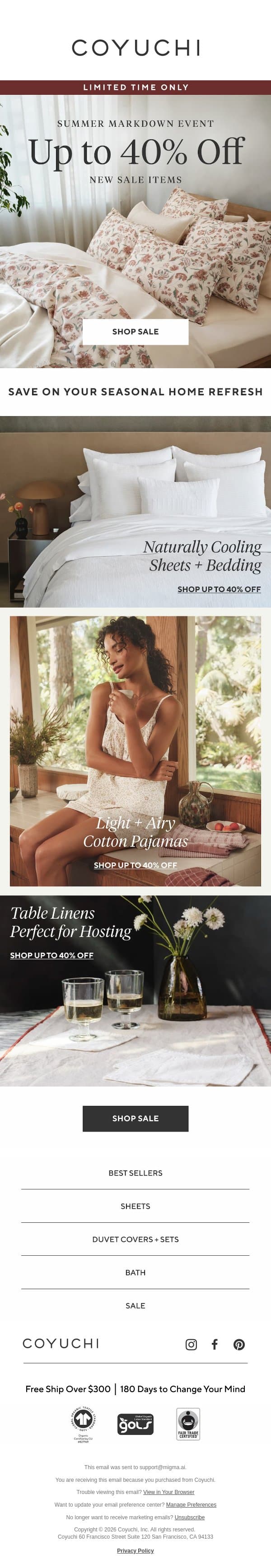 Up to 40% Off NEW Summer Markdowns email from Coyuchi screenshot