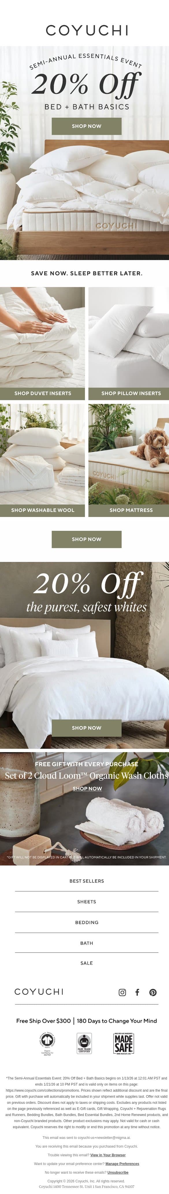 20% Off Your New Bed STARTS NOW! email from Coyuchi screenshot