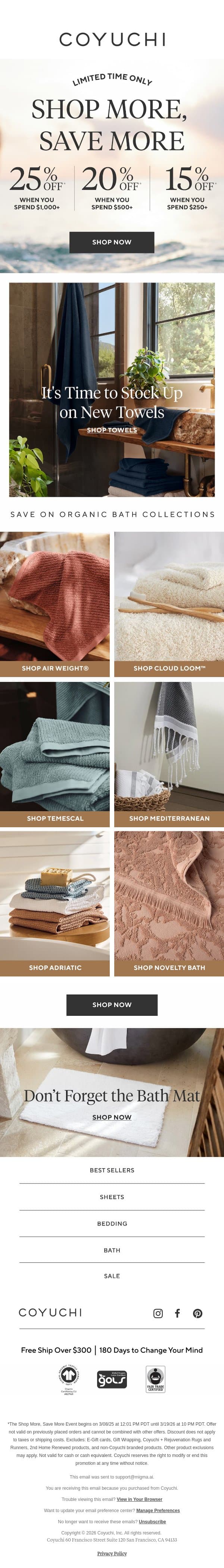 Time to Upgrade: Up to 25% Off Organic Towels email from Coyuchi screenshot