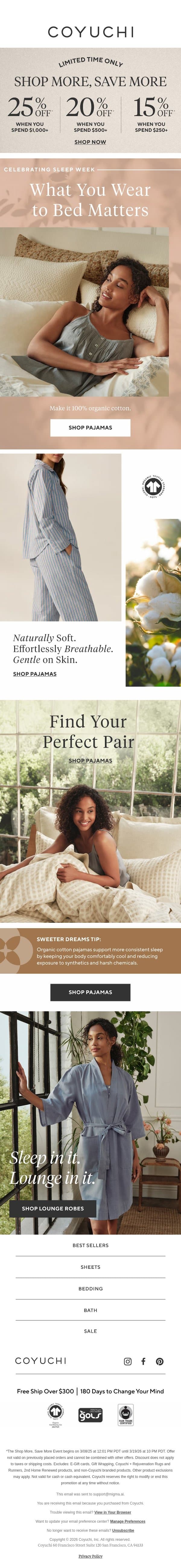 What You Wear to Bed Matters. Make it Organic. email from Coyuchi screenshot
