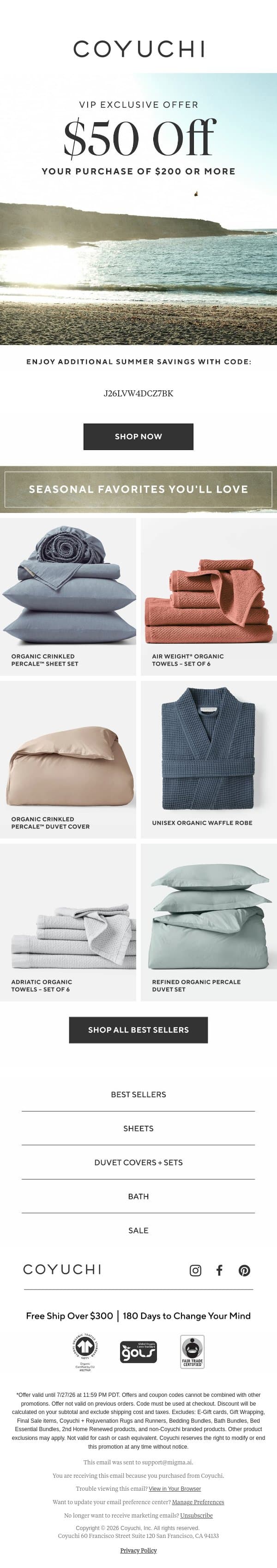 Just for You: $50 Off Your Next Purchase! email from Coyuchi screenshot