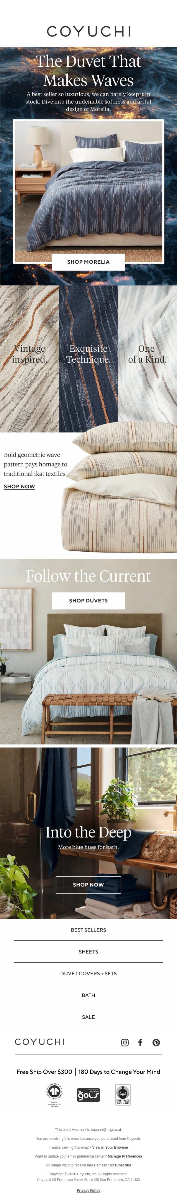 This Luxury Bedding Set is Back by Popular Demand email from Coyuchi screenshot