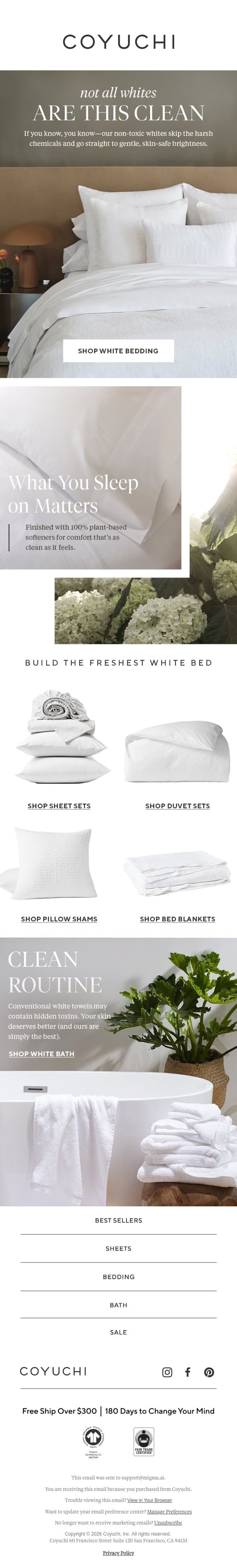 Your White Sheets Might Have Toxins. Ours Don't. email from Coyuchi screenshot