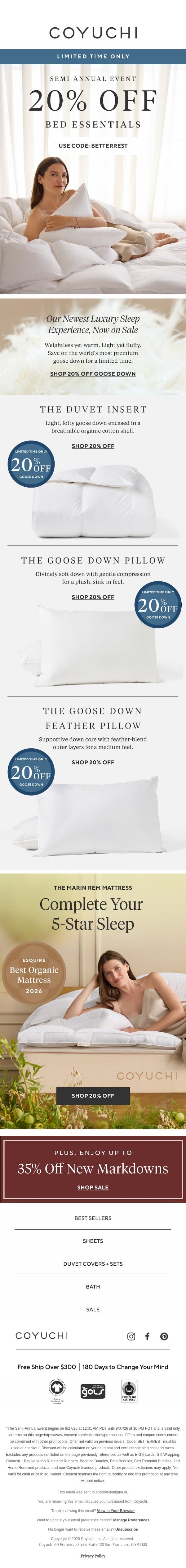 20% Off Your Healthiest Sleep Ever email from Coyuchi screenshot