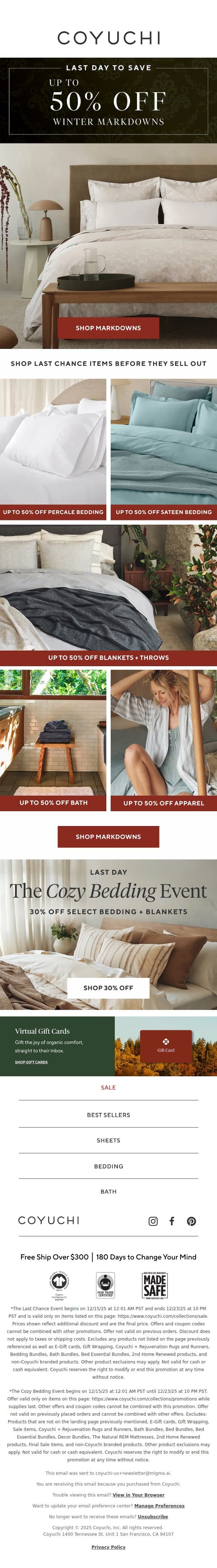 LAST DAY: Up to 50% Off Winter Markdowns! email from Coyuchi screenshot