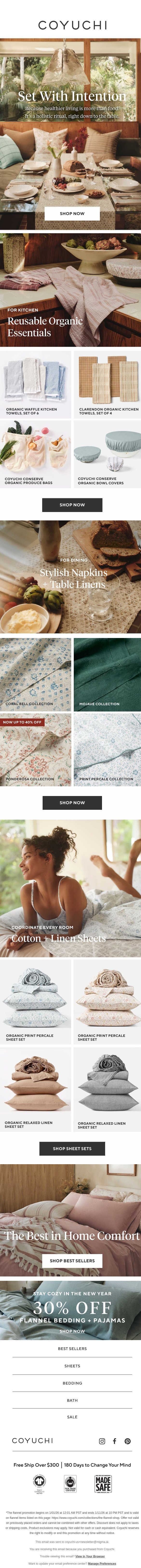 A Healthier Table Begins with Organic Linens email from Coyuchi screenshot