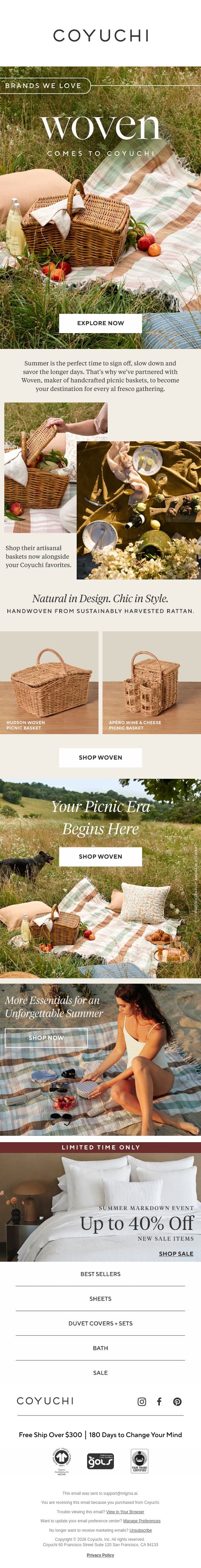 New to Coyuchi: The Perfect Summer Picnic Baskets email from Coyuchi screenshot