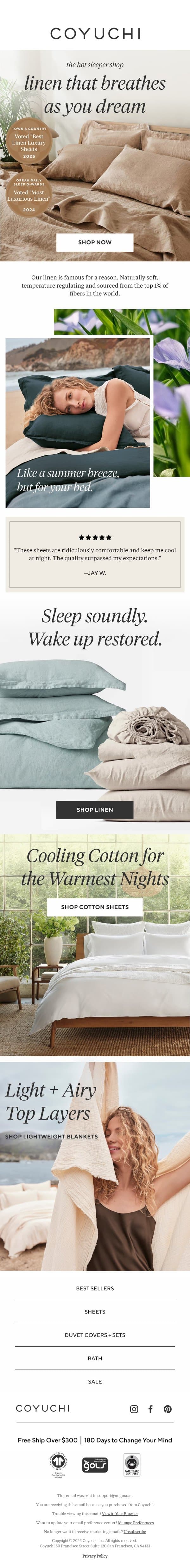 Sleep in the Top 1% of Linen in the World email from Coyuchi screenshot