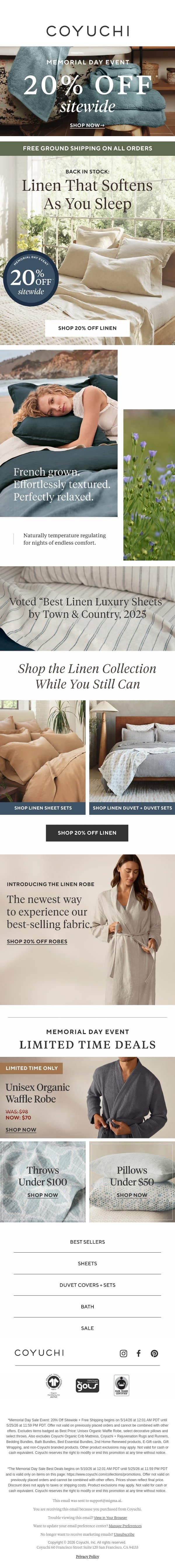 Back in Stock + 20% Off: The Linen That Always Sells Out email from Coyuchi screenshot