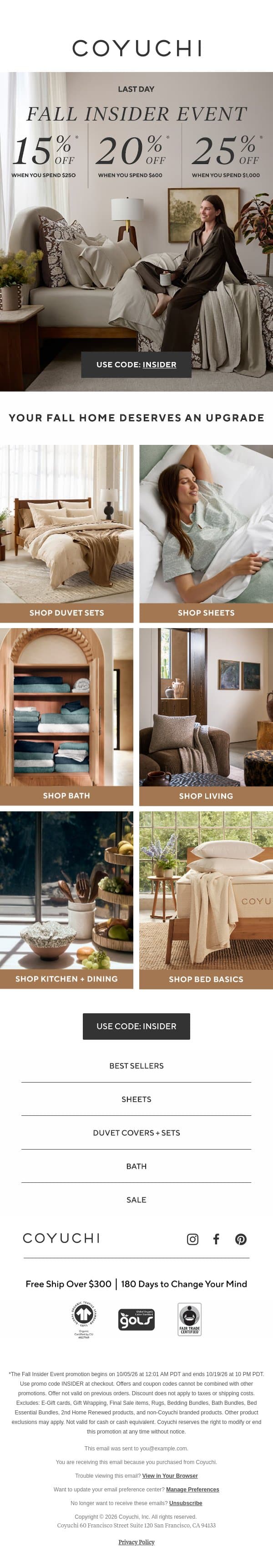 Last Day: Up to 25% Off Your New Fall Home email from Coyuchi screenshot