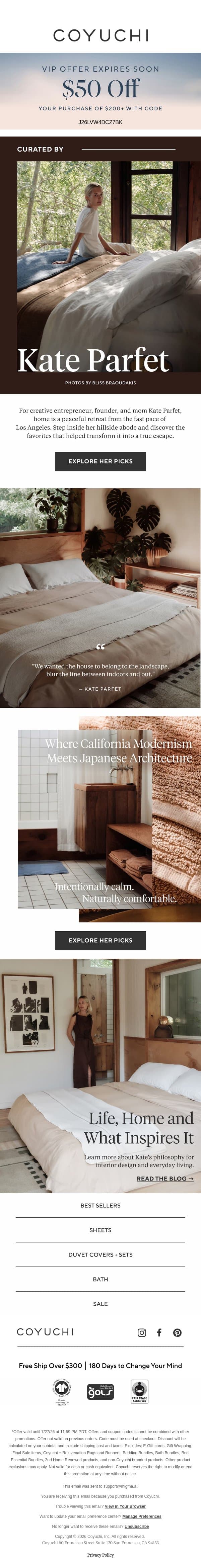 You're Invited to Step Inside a True LA Escape email from Coyuchi screenshot
