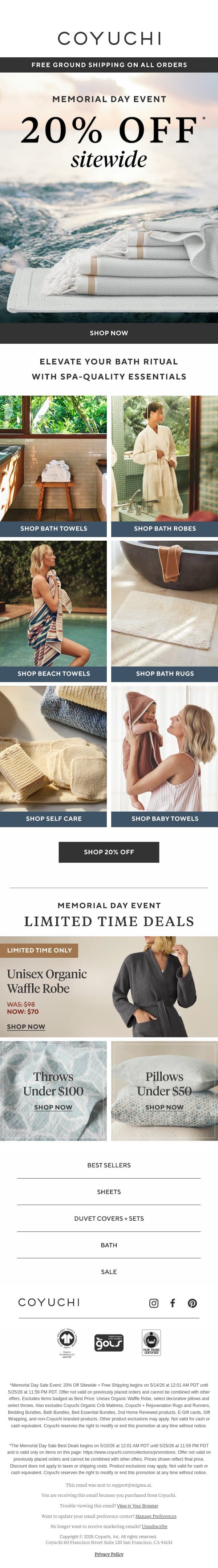 20% OFF: The Most Natural Bedding + Bath Ever email from Coyuchi screenshot