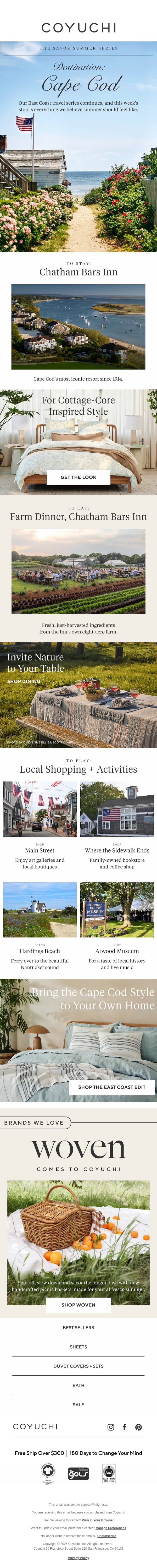 How Does a Weekend in Cape Cod Sound? email from Coyuchi screenshot