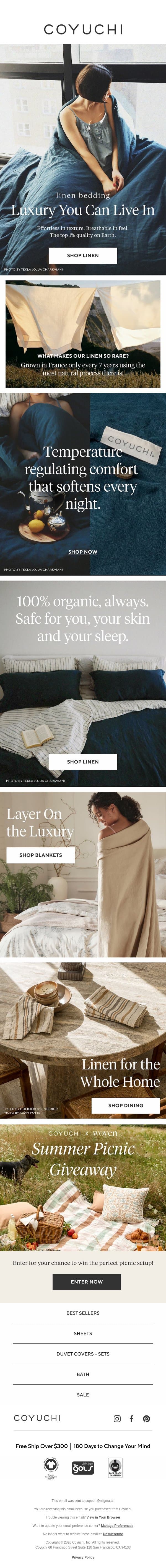 You've Never Felt Linen Sheets Like This email from Coyuchi screenshot