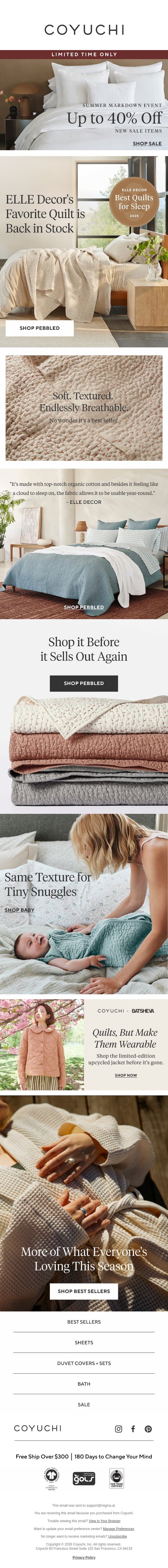 This ELLE Decor Favorite is Back in Stock email from Coyuchi screenshot