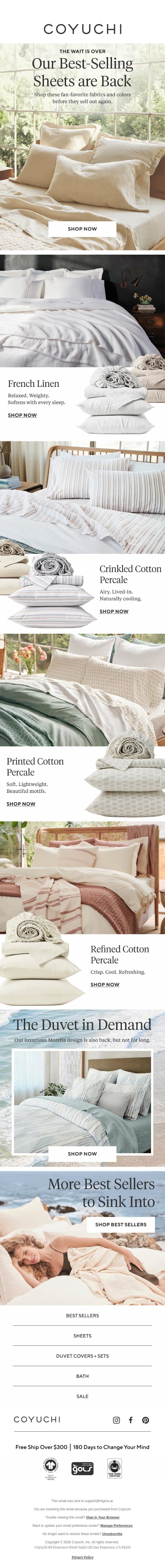 Restock Alert: Best-Selling Sheets Are Finally Back email from Coyuchi screenshot