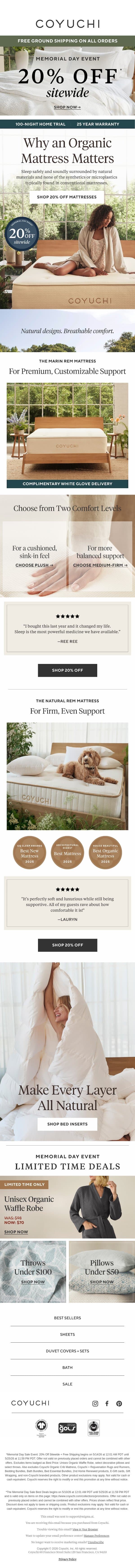 Why You Need an All-Natural Mattress (20% Off Now!) email from Coyuchi screenshot