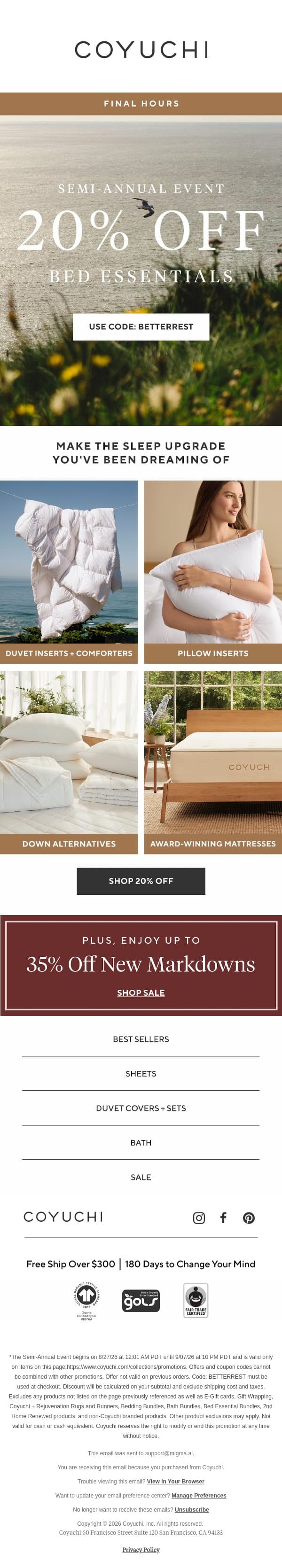 20% Off Deeper Sleep ENDS TONIGHT! email from Coyuchi screenshot