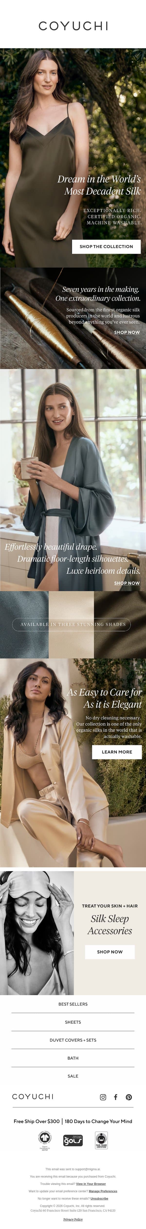 Finally, Organic Silk You Can Actually Wash email from Coyuchi screenshot