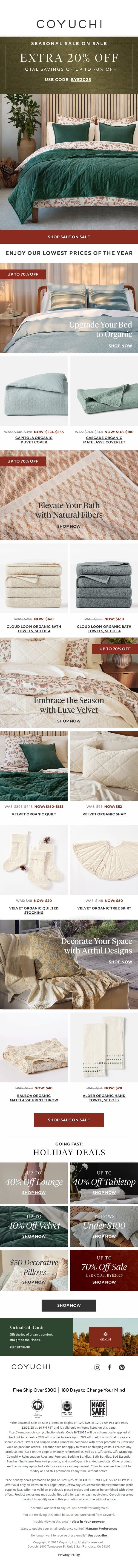 Luxury Bedding. Now Up to 70% Off. Go! email from Coyuchi screenshot