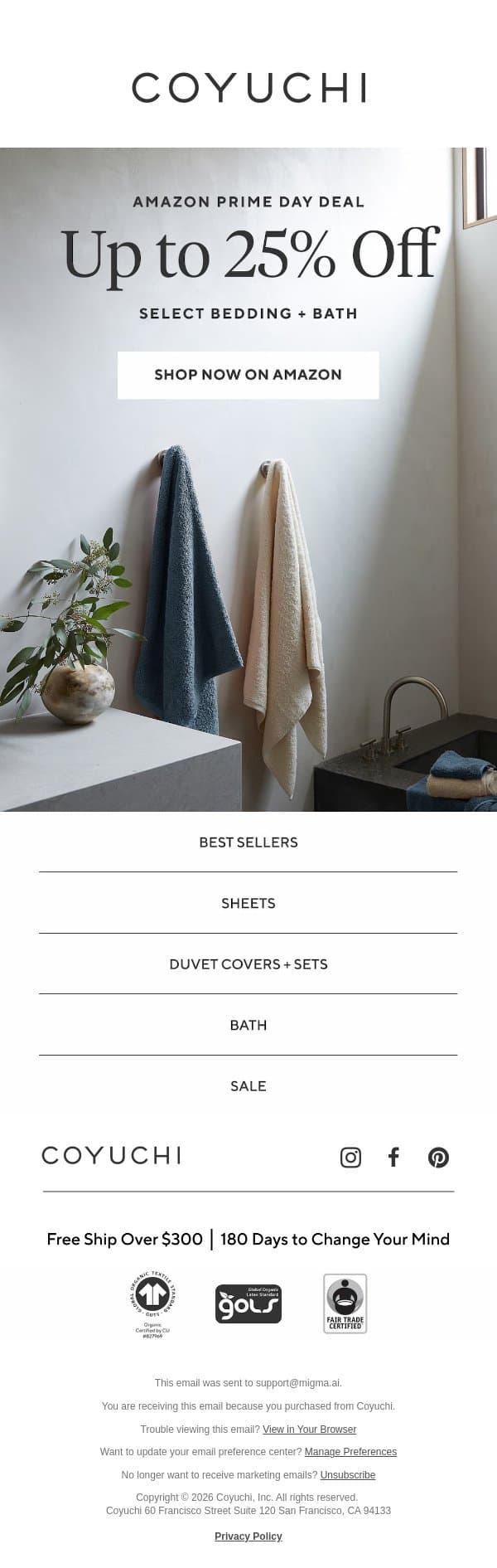 ENDS SOON: Up to 25% Off for Amazon Prime Day email from Coyuchi screenshot