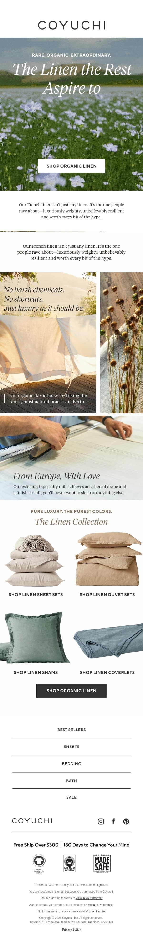 You've Never Felt Linen Sheets Like This... email from Coyuchi screenshot