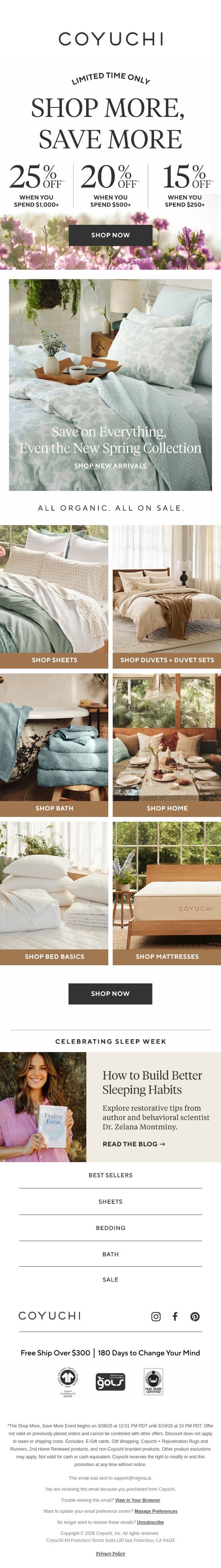 Up to 25% Off Everything (Even New Arrivals!) email from Coyuchi screenshot