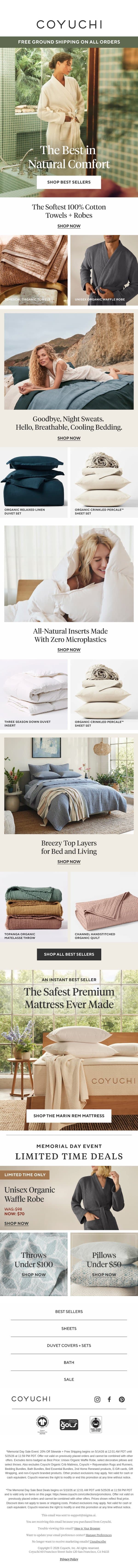 NOW: 20% Off Our Best-Selling Comforts email from Coyuchi screenshot