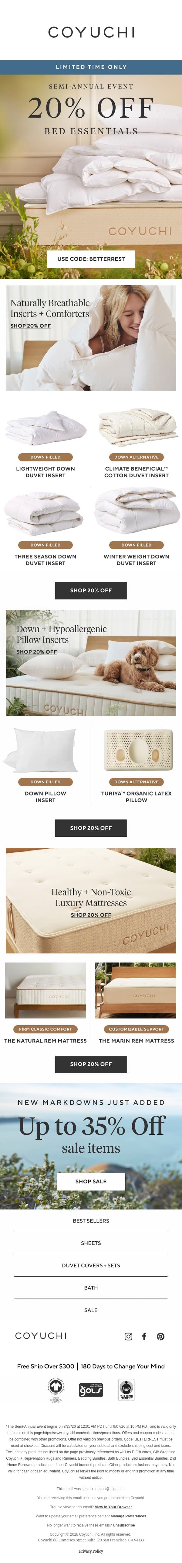 20% Off Naturally Better Sleep STARTS NOW! email from Coyuchi screenshot