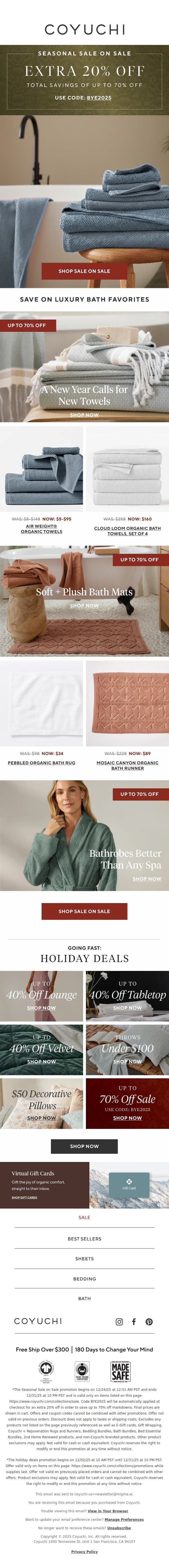 New Towels for the New Year, Now 70% Off! email from Coyuchi screenshot
