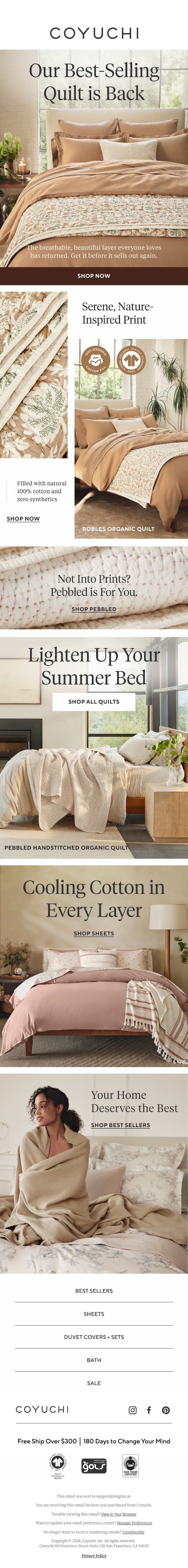 Restock Alert: Our Best-Selling Quilt is Back email from Coyuchi screenshot