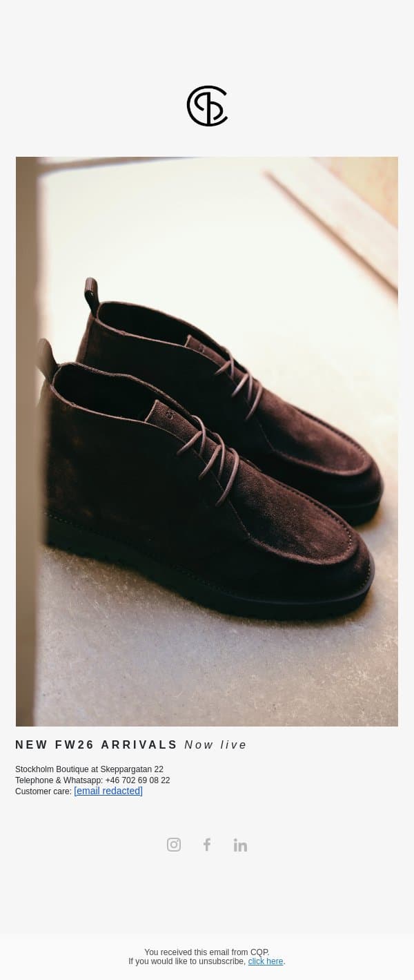 NEW ARRIVALS: FW26 Now Live! email from CQP screenshot