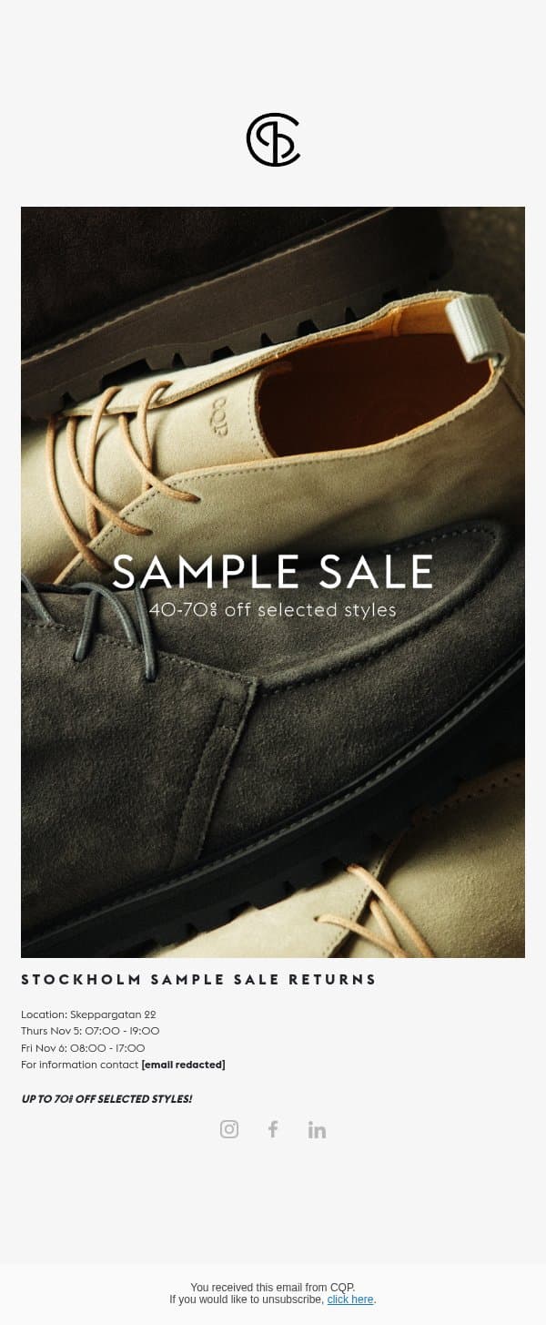 Stockholm Sample Sale: 5–6 November email from CQP screenshot