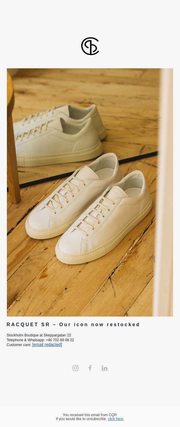 RACQUET SR - Our icon, back in stock email from CQP screenshot
