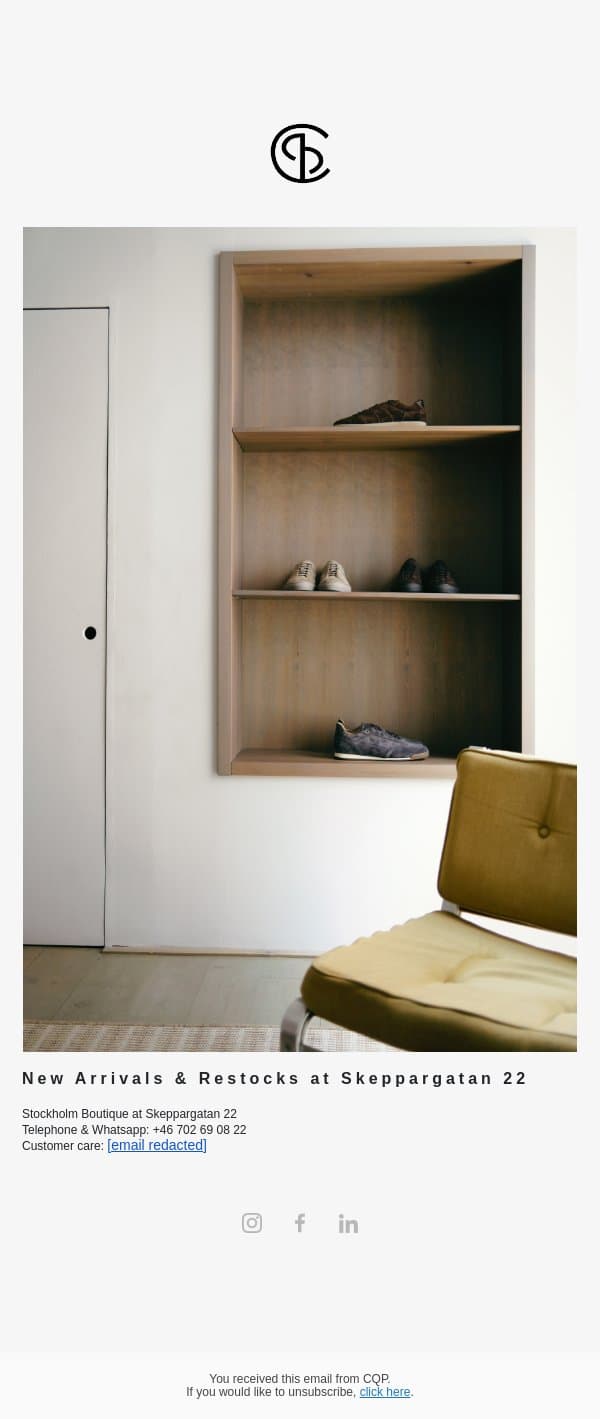 New Arrivals & Restocks at Skeppargatan 22 email from CQP screenshot