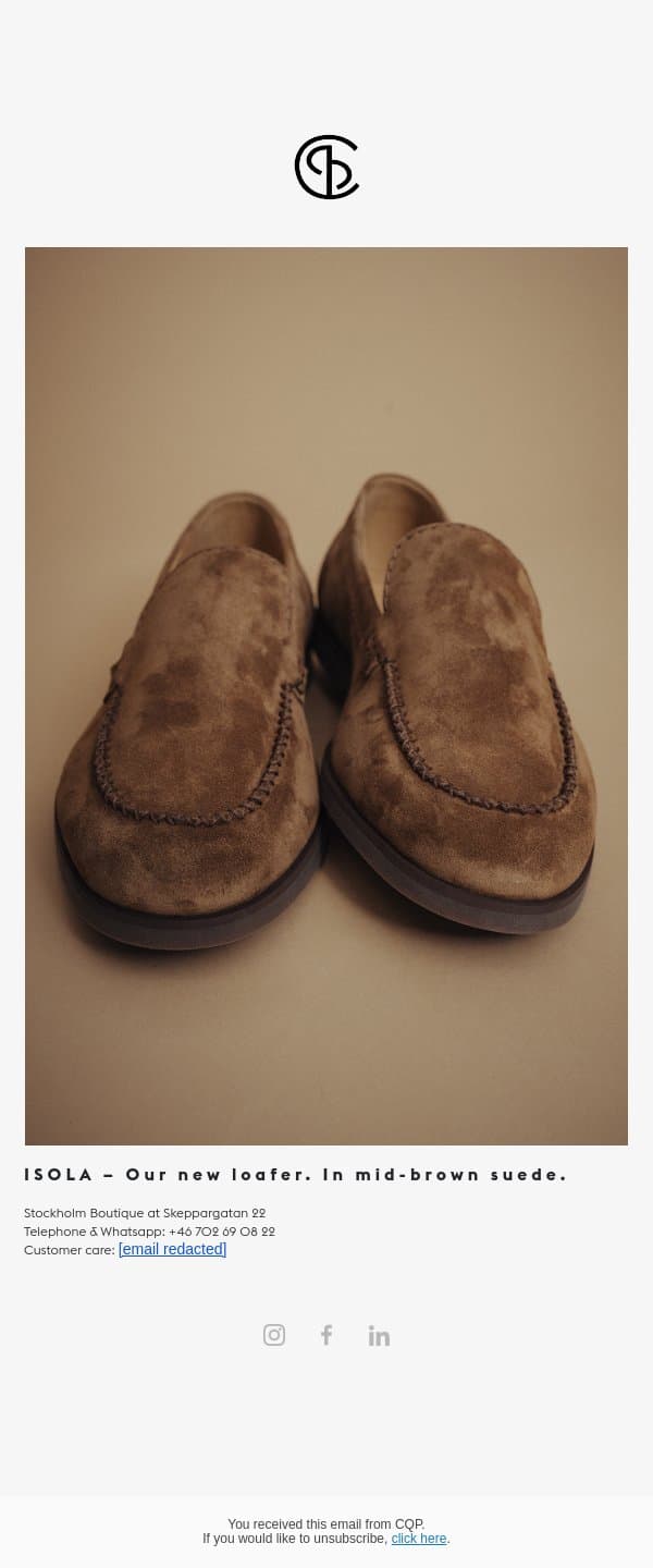 Explore ISOLA - In mid-brown suede email from CQP screenshot