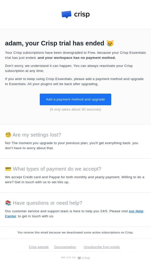 Crisp trial has just ended email from Crisp screenshot