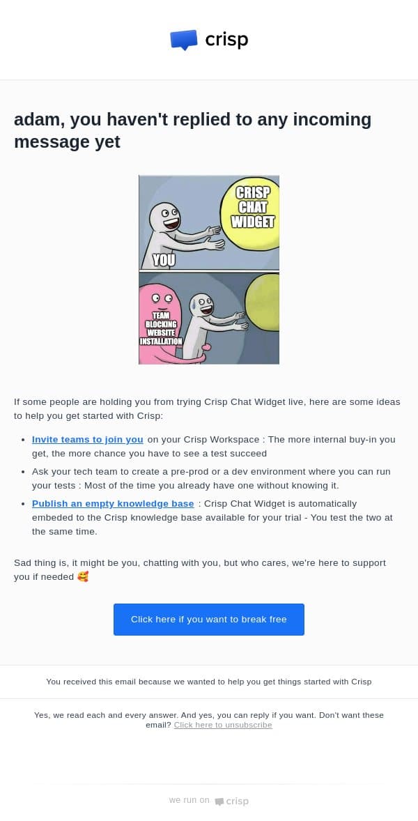Can't try Crisp on production site? we got your back email from Crisp screenshot