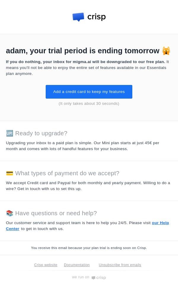 Crisp trial ending soon email from Crisp screenshot