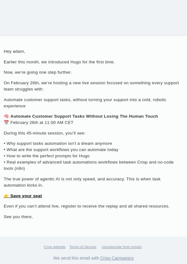 📆 Automate real support tasks with Hugo email from Crisp screenshot