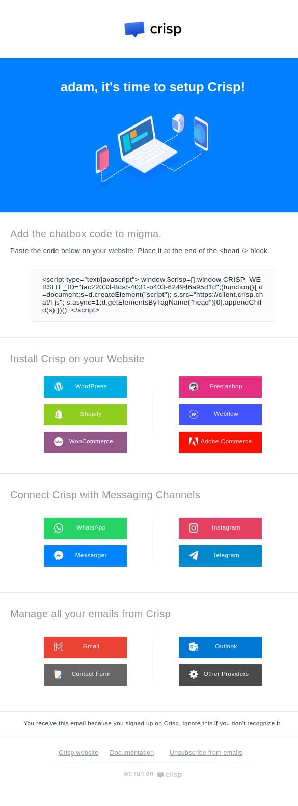 Reminder: Setup Crisp for migma email from Crisp screenshot