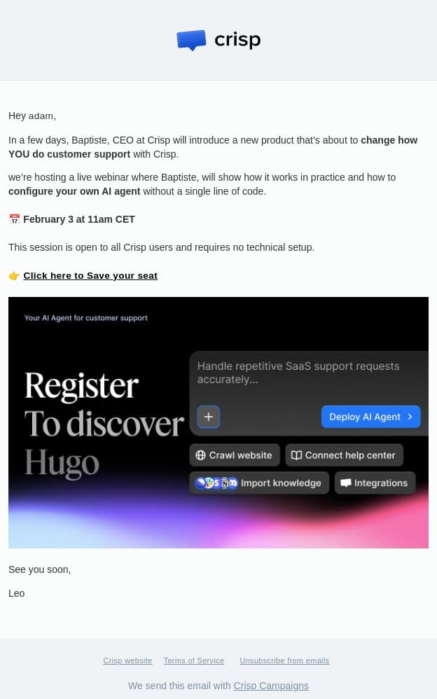 ⚠️🚨 New AI Product Release - DON'T MISS IT email from Crisp screenshot