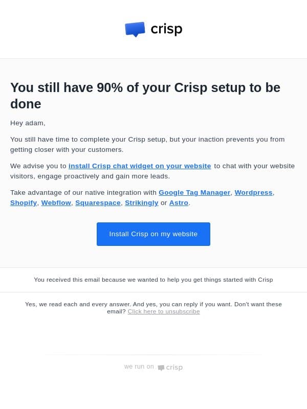 Lets get migma up for success email from Crisp screenshot