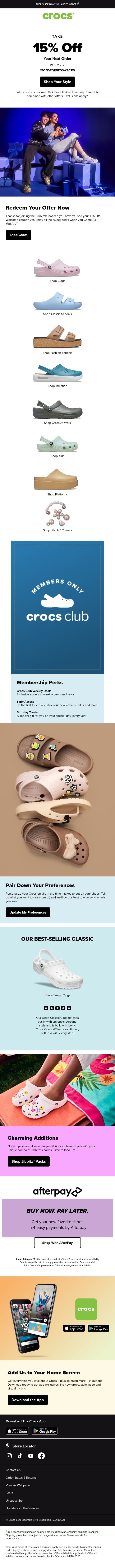 You forgot your 15% OFF Welcome Offer! 🛍️ email from Crocs screenshot