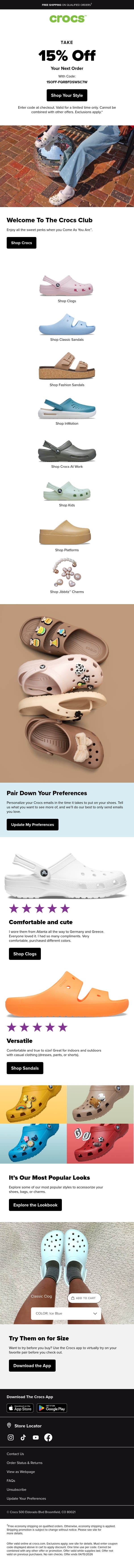 Welcome to Crocs Club! Here’s 15% OFF 💚 email from Crocs screenshot