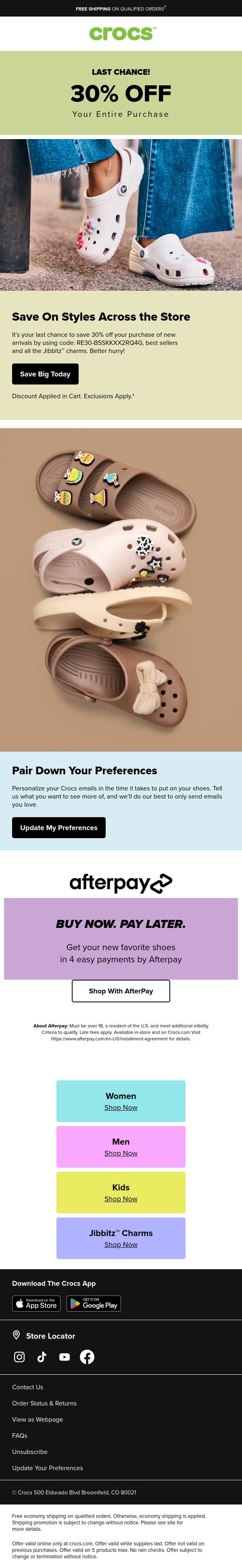 We miss you! Save 30% when you pick out a new pair. email from Crocs screenshot