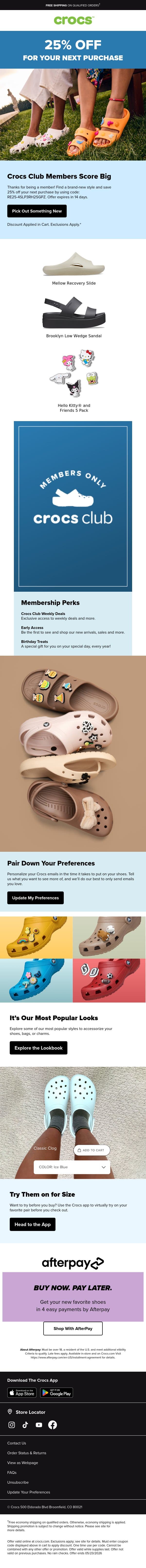 Save 25% just for being a Crocs Club Member email from Crocs screenshot